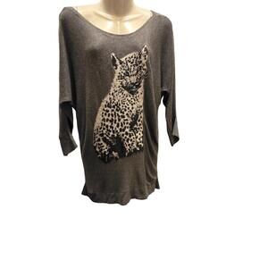 White House Black Market Gray Leopard Print‎ Dolman Sleeve Sweater Top Size M